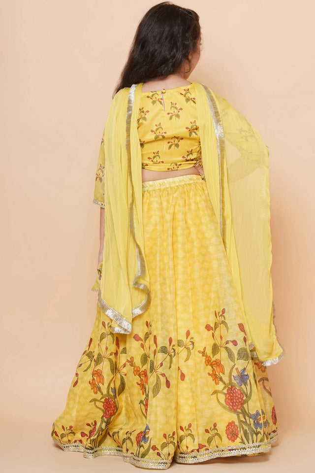 Girl's Yellow Floral Printed Silk Lehenga