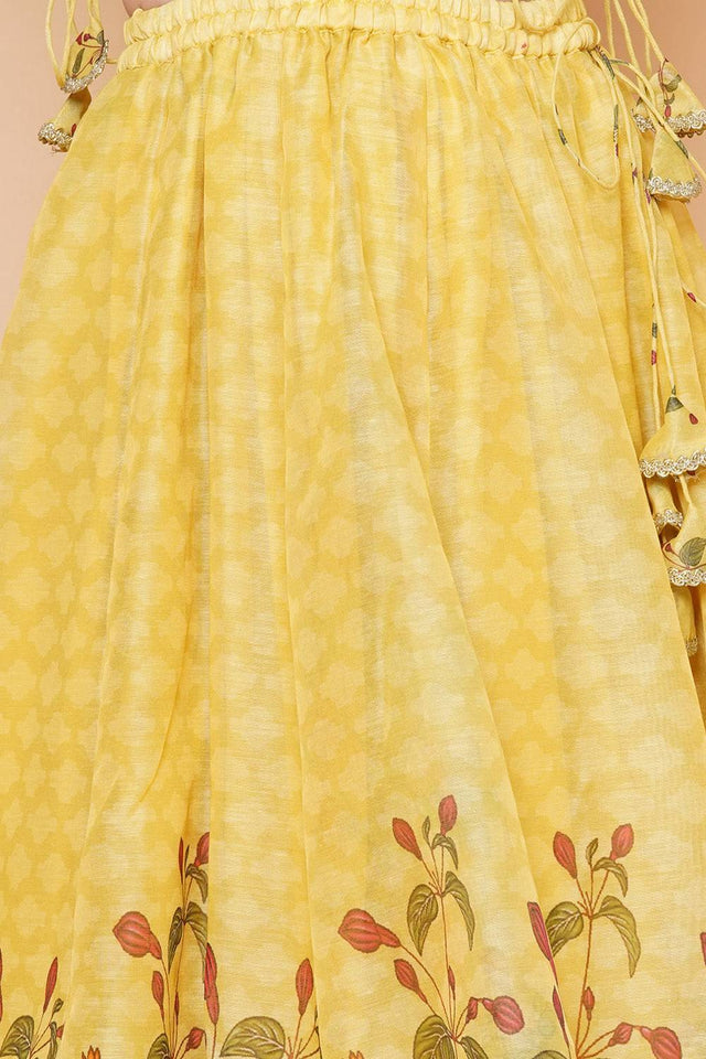 Girl's Yellow Floral Printed Silk Lehenga