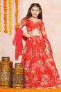 Girl's Red Floral Printed Silk Lehenga