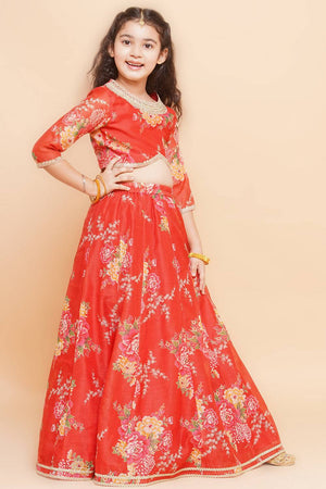 Girl's Red Floral Printed Silk Lehenga
