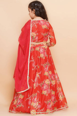 Girl's Red Floral Printed Silk Lehenga