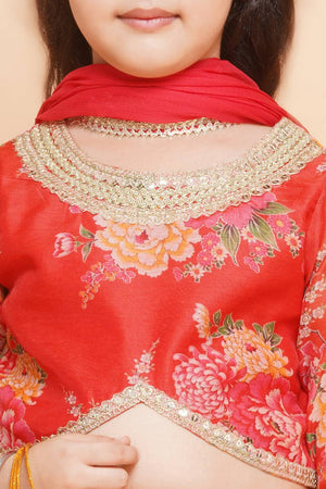 Girl's Red Floral Printed Silk Lehenga