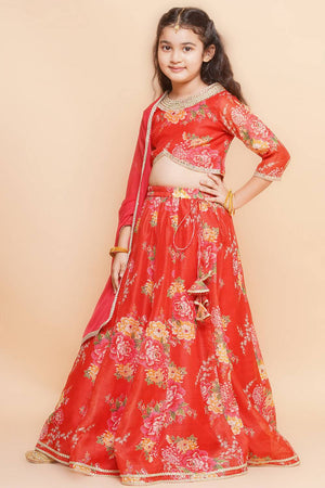 Girl's Red Floral Printed Silk Lehenga