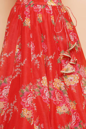 Girl's Red Floral Printed Silk Lehenga