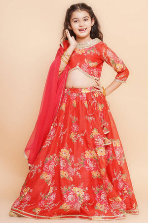Girl's Red Floral Printed Silk Lehenga