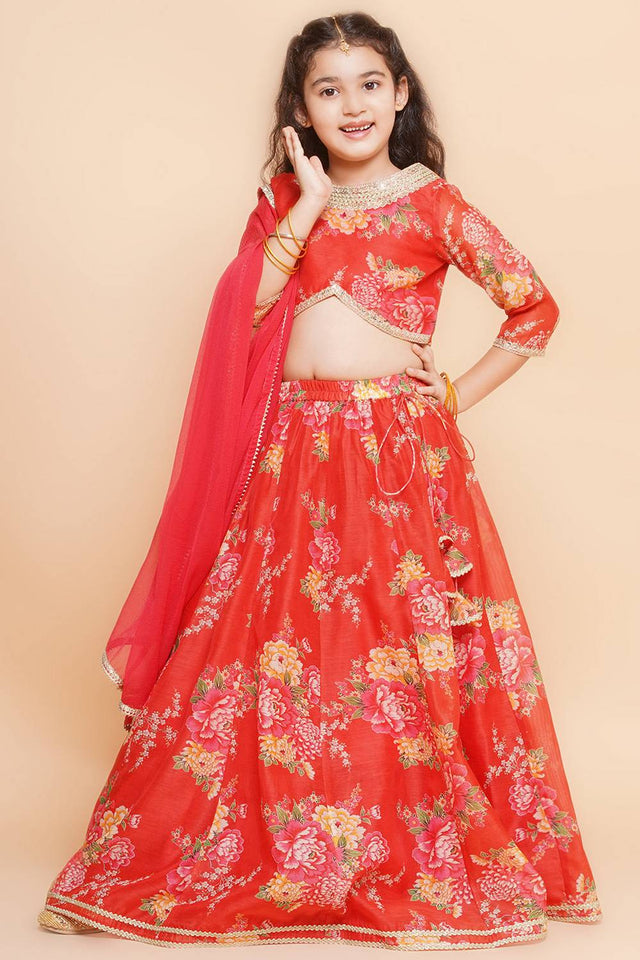 Girl's Red Floral Printed Silk Lehenga