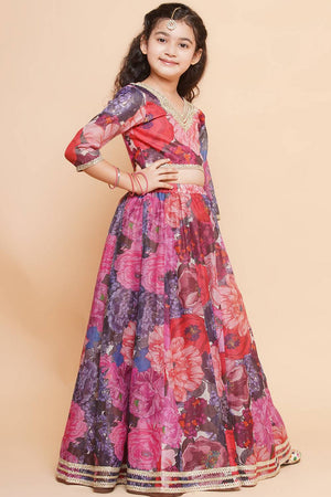 Girl's Violet Floral Printed Silk Lehenga