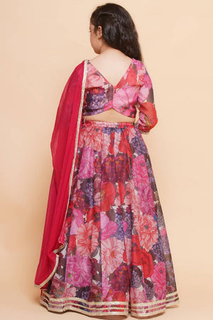 Girl's Violet Floral Printed Silk Lehenga