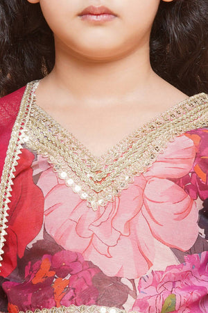 Girl's Violet Floral Printed Silk Lehenga