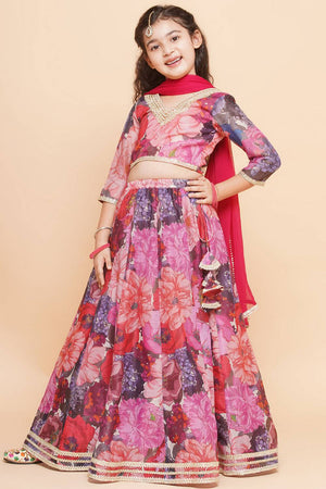 Girl's Violet Floral Printed Silk Lehenga