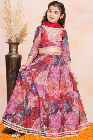 Girl's Violet Floral Printed Silk Lehenga
