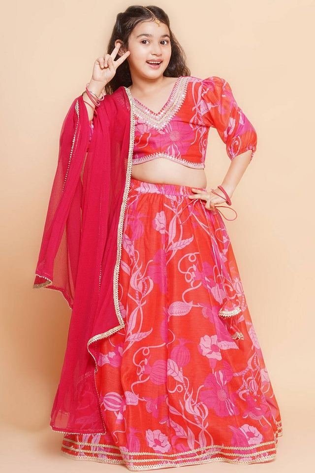 Girl's Red Floral Printed Silk Lehenga