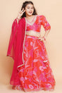 Girl's Red Floral Printed Silk Lehenga