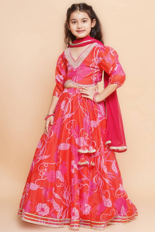 Girl's Red Floral Printed Silk Lehenga