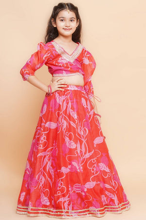 Girl's Red Floral Printed Silk Lehenga