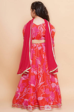 Girl's Red Floral Printed Silk Lehenga