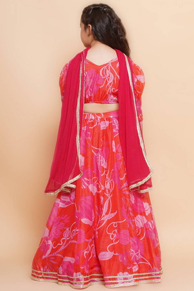 Girl's Red Floral Printed Silk Lehenga