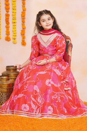 Girl's Red Floral Printed Silk Lehenga