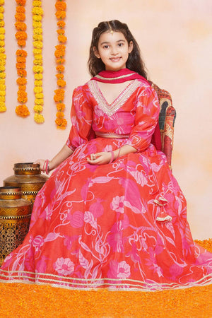 Girl's Red Floral Printed Silk Lehenga