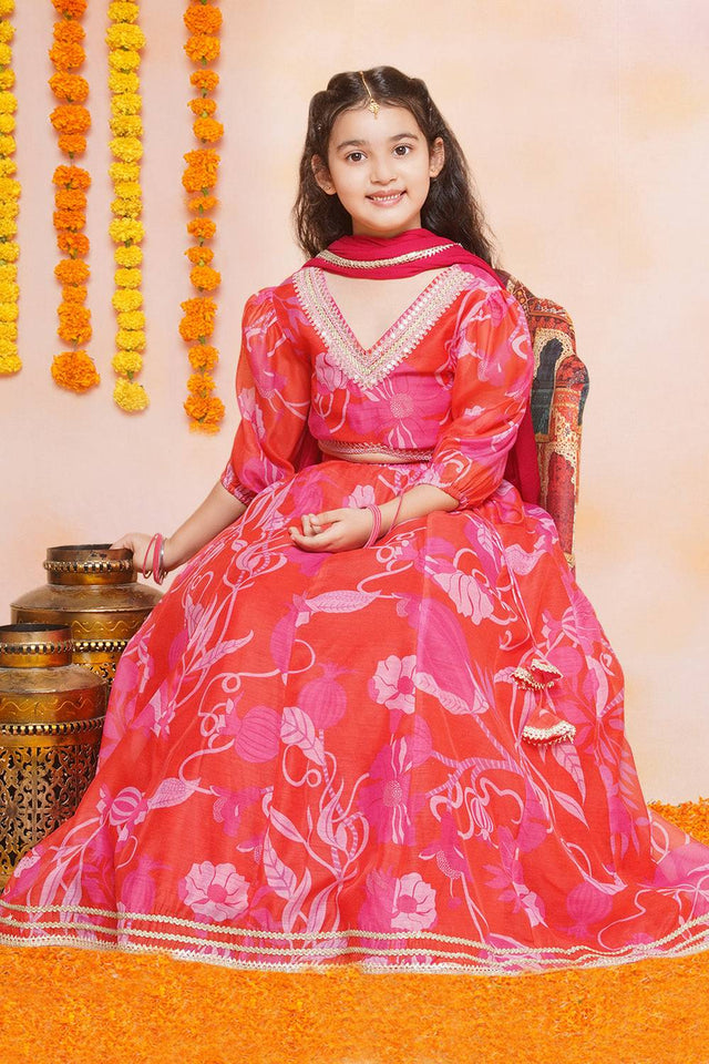 Girl's Red Floral Printed Silk Lehenga