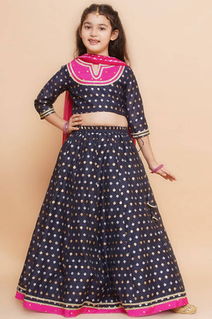 Girl's Navy Blue Jacquard Silk Lehenga