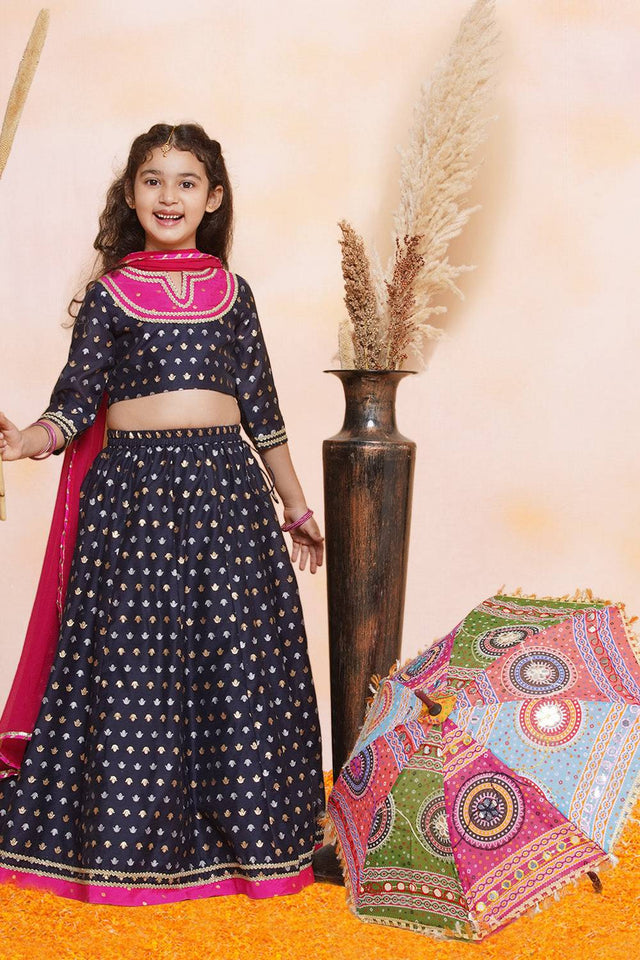 Girl's Navy Blue Jacquard Silk Lehenga