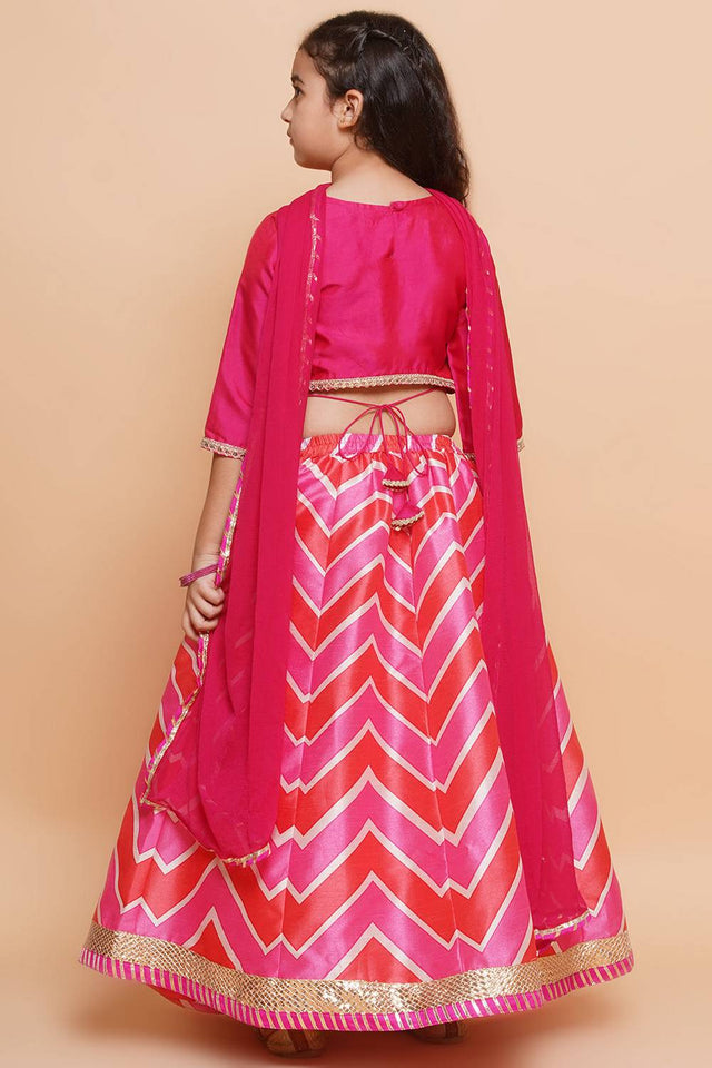 Girl's Pink Zig Zag Printed Silk Lehenga
