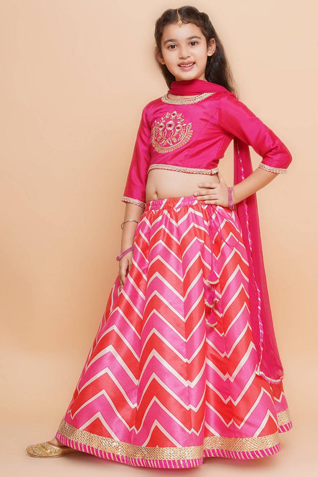 Girl's Pink Zig Zag Printed Silk Lehenga
