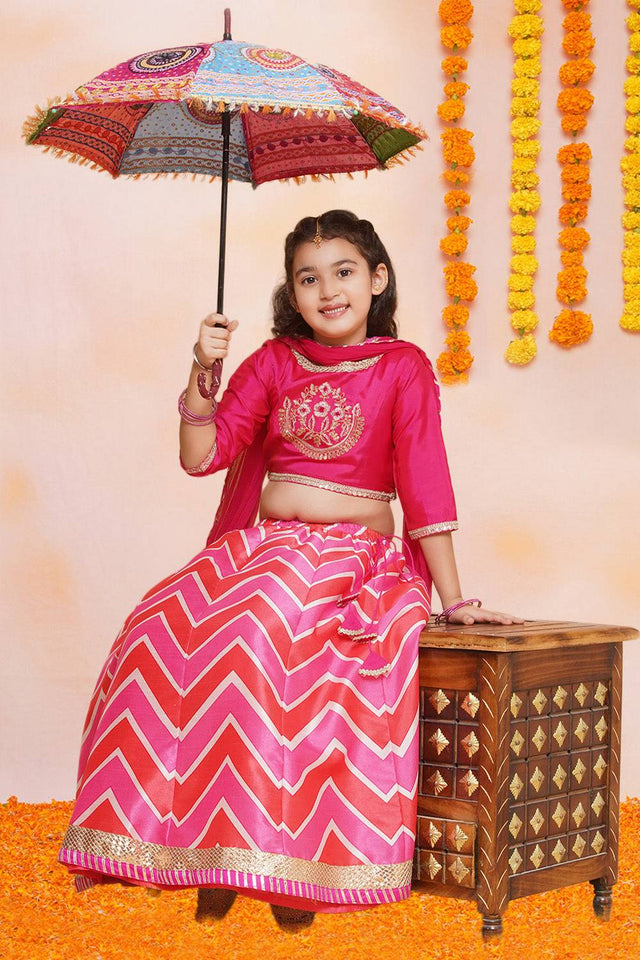 Girl's Pink Zig Zag Printed Silk Lehenga