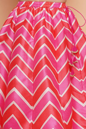 Girl's Pink Zig Zag Printed Silk Lehenga