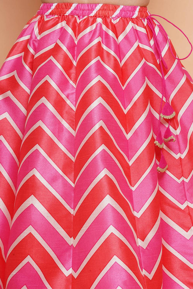 Girl's Pink Zig Zag Printed Silk Lehenga