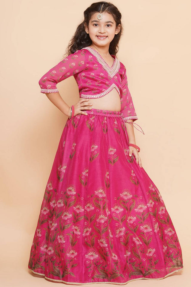 Girl's Pink Floral Printed Silk Lehenga