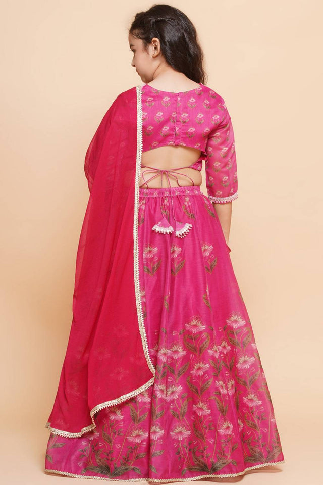 Girl's Pink Floral Printed Silk Lehenga