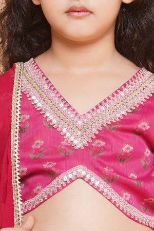 Girl's Pink Floral Printed Silk Lehenga