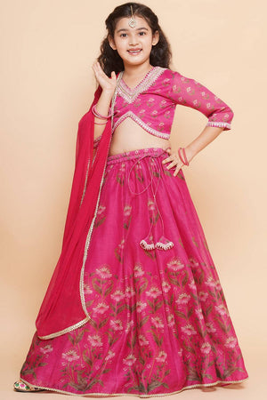 Girl's Pink Floral Printed Silk Lehenga