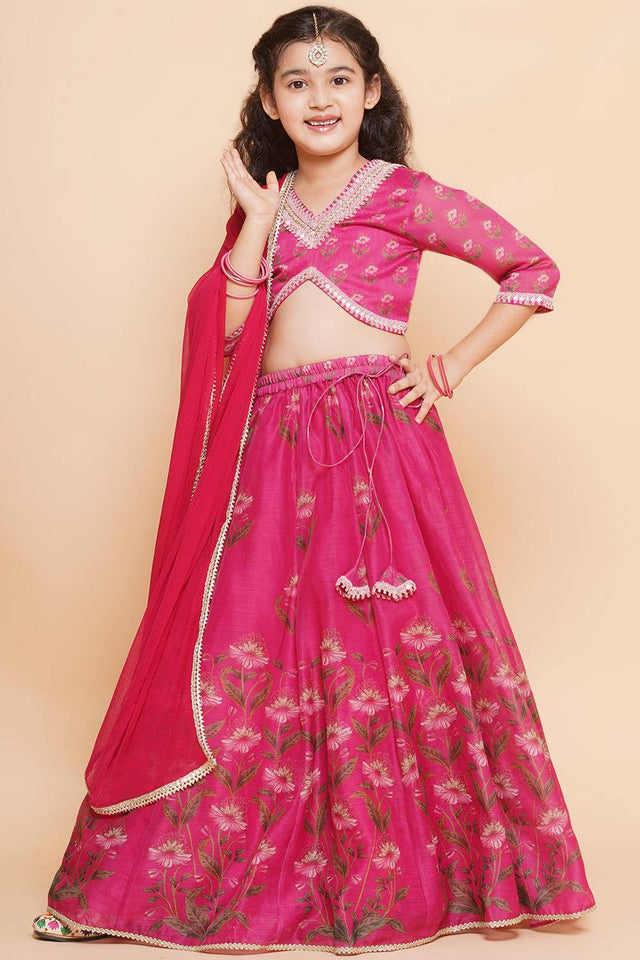 Girl's Pink Floral Printed Silk Lehenga