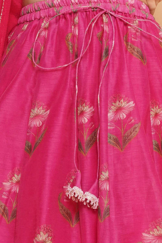 Girl's Pink Floral Printed Silk Lehenga
