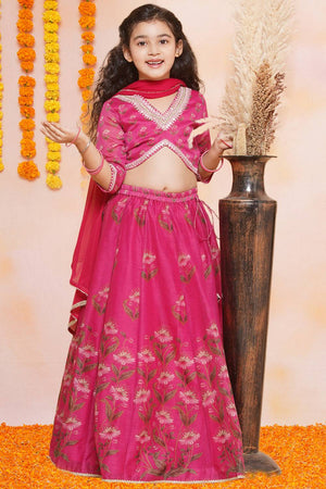 Girl's Pink Floral Printed Silk Lehenga