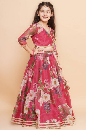 Girl's Maroon Floral Printed Silk Lehenga