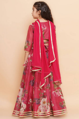 Girl's Maroon Floral Printed Silk Lehenga