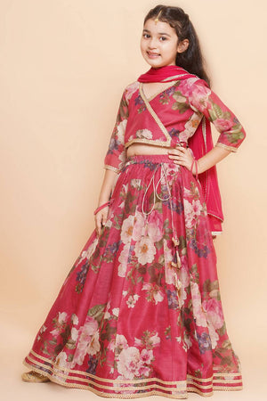 Girl's Maroon Floral Printed Silk Lehenga