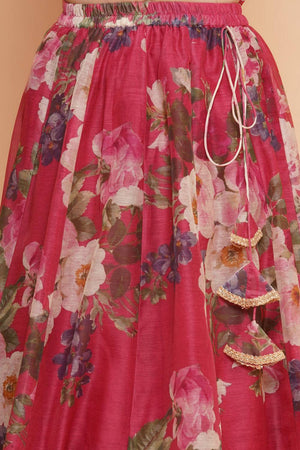 Girl's Maroon Floral Printed Silk Lehenga