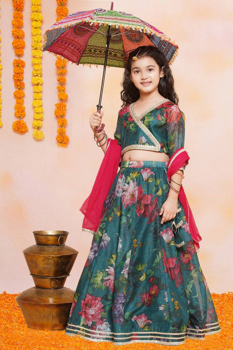 Girl's Green Floral Printed Silk Lehenga