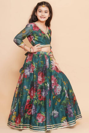 Girl's Green Floral Printed Silk Lehenga