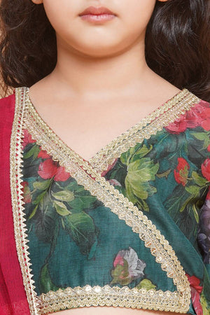 Girl's Green Floral Printed Silk Lehenga