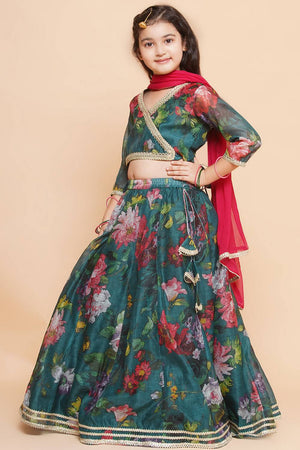 Girl's Green Floral Printed Silk Lehenga