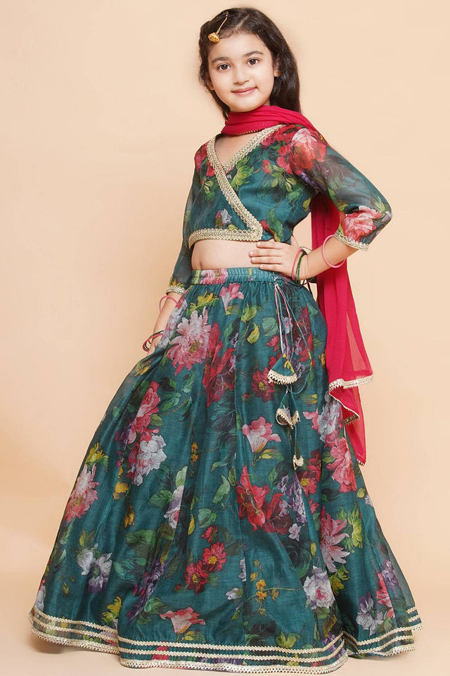 Girl's Green Floral Printed Silk Lehenga