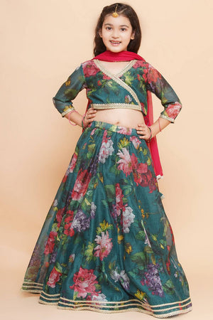 Girl's Green Floral Printed Silk Lehenga