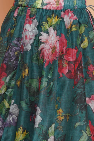 Girl's Green Floral Printed Silk Lehenga