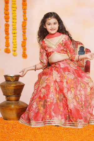 Girl's Yellow Floral Printed Silk Lehenga